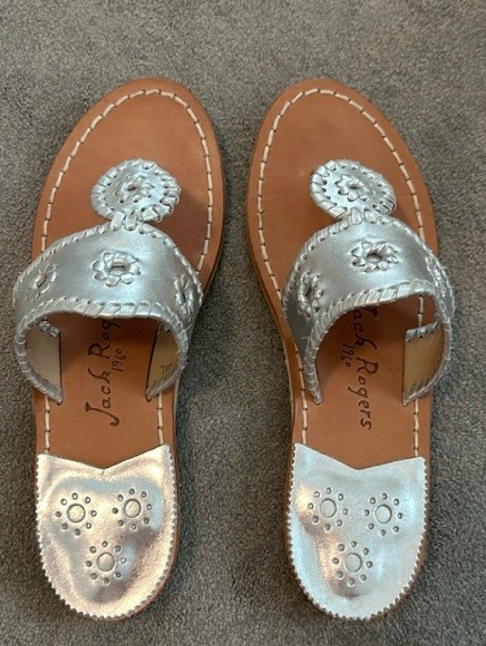 Jack Rogers Jacks Flat Thong Sandals Platinum Metallic Size: 8